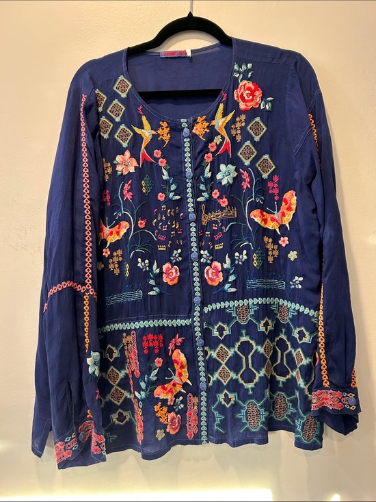 Johnny Was Tops - Johnny Was Navy Embroidered Floral & Bird Tunic